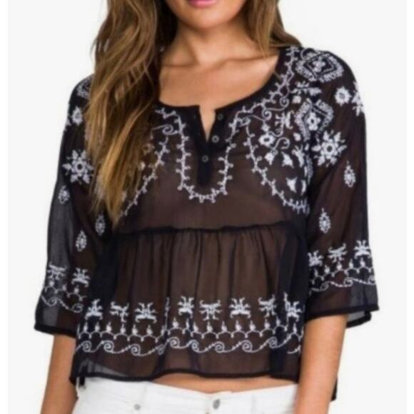 Free People Pennies Squel Black Sheer Embroidered Top Size Small - Picture 1 of 14